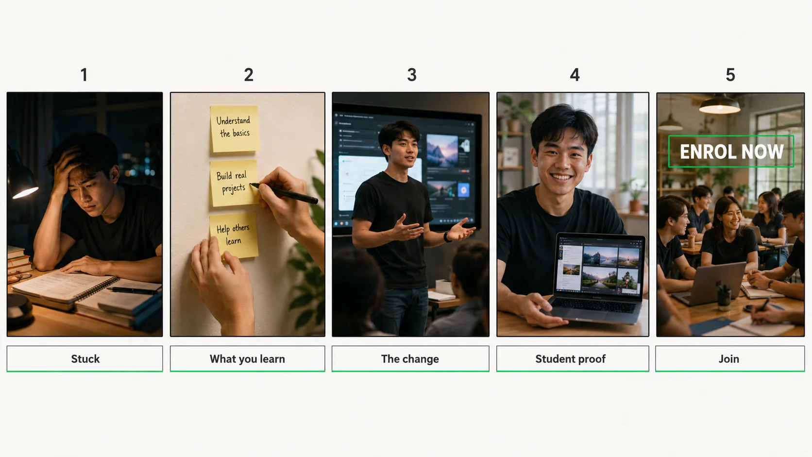 Course Transformation example storyboard sheet — 5 sketched panels