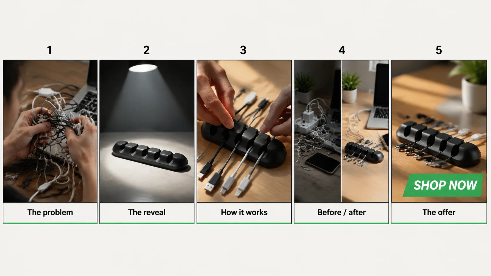Product Demo example storyboard sheet — 5 sketched panels