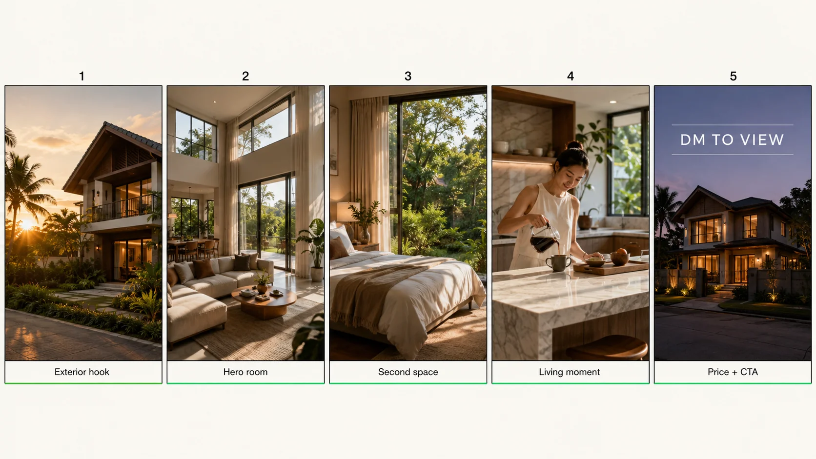 Property Tour example storyboard sheet — 5 sketched panels