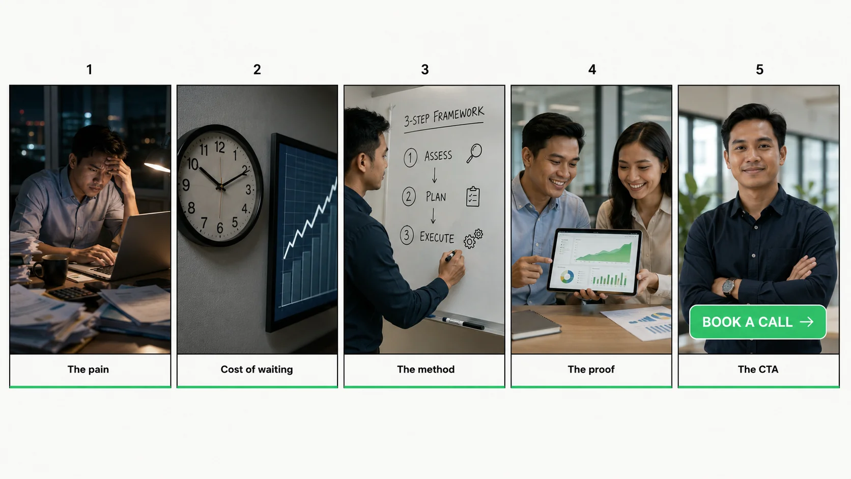 Service Authority example storyboard sheet — 5 sketched panels