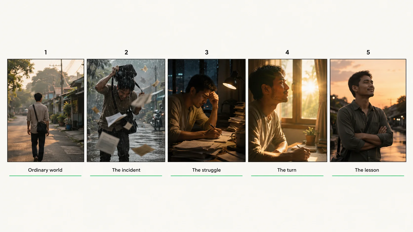 Story Arc example storyboard sheet — 5 sketched panels